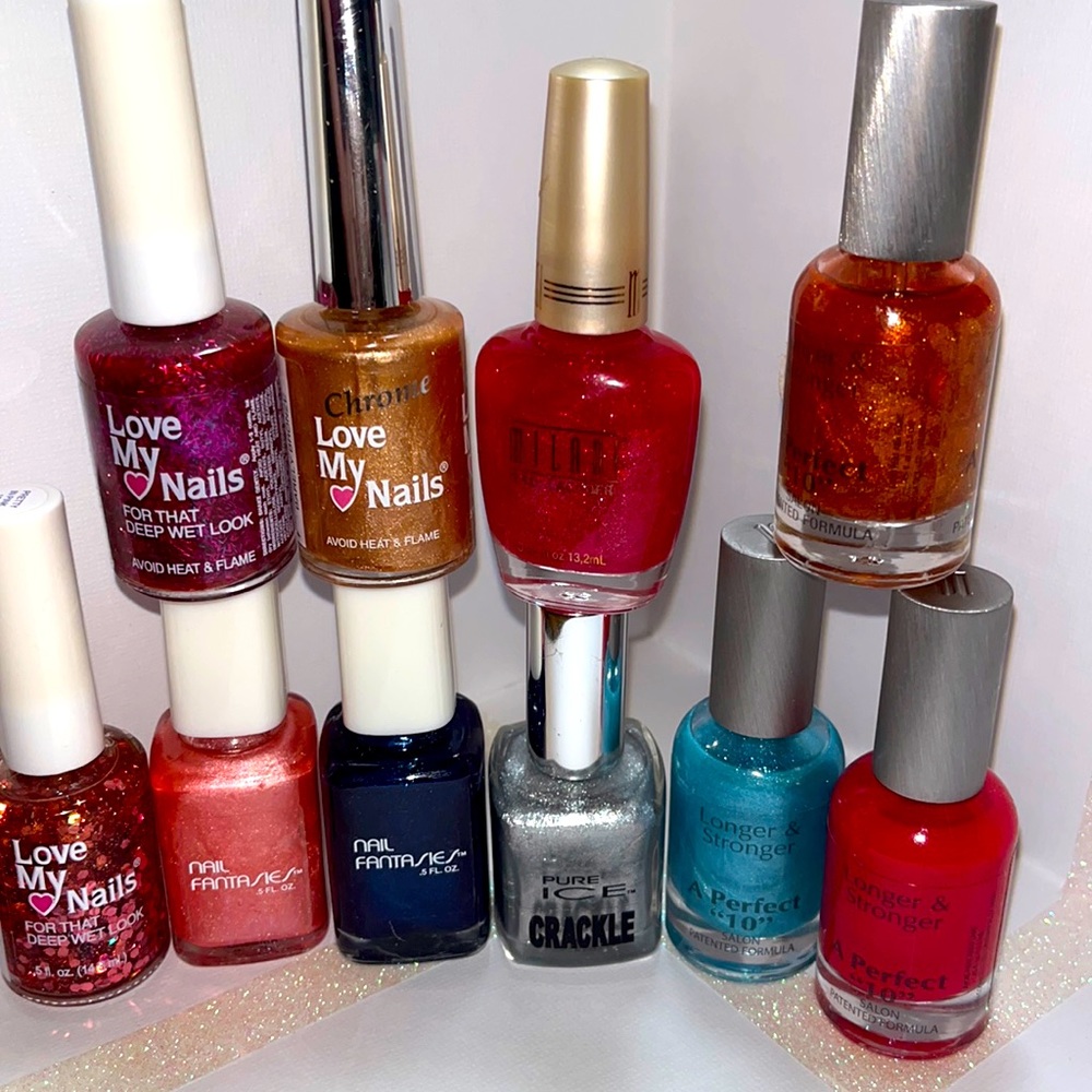 10pc New Nail Polish, Milani, Love My Nails, Nail Fantasies, & Pure Ice brands.
